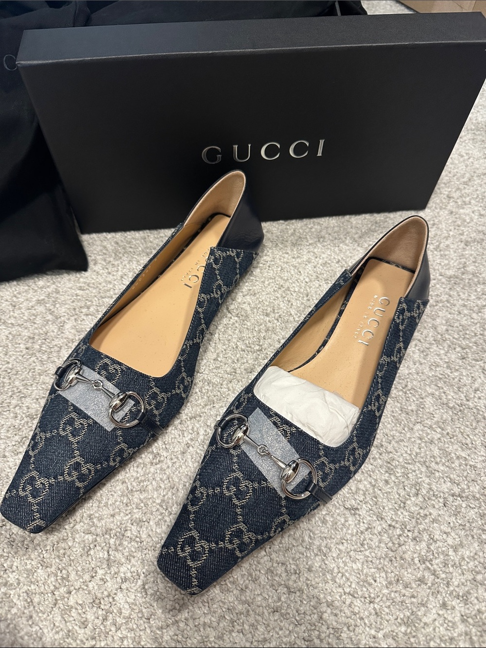 Gucci Navy GG Denim Horsebit Pointed Loafers